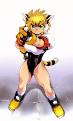  animal_ears bare_legs blonde_hair ez6 female gloves green_eyes hand_on_own_hip highres leotard muscular non-web_source oerba_yun_fang original short_hair socks solo tail thick_eyebrows thighs tiger_ears tiger_tail 