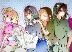  2boys 3girls anger_vein bad_id bad_pixiv_id blonde_hair casual creator_connection dress green_hair hakuri hood hoodie hug kagerou_project kano_shuuya kido_tsubomi kisaragi_attention_(vocaloid) kisaragi_momo kozakura_marry long_hair mekakushi_code_(vocaloid) multiple_boys multiple_girls open_mouth red_eyes seto_kousuke short_hair smile souzou_forest_(vocaloid) vocaloid white_hair yellow_eyes 