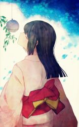  ayu_(mog) bad_id bad_pixiv_id black_hair closed_eyes female highres imminent_kiss japanese_clothes kimono long_hair looking_up original ornament solo wind_chime 