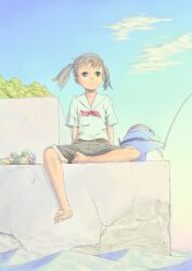  barefoot belt bird blue_eyes brown_hair cloud commentary_request day female fishing fishing_rod flat_chest original penguin shoes short_hair shorts sitting sky taruya tree twintails unworn_shoes water 