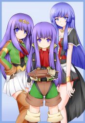  blue_background blue_eyes blue_hair commentary_request crossed_arms espgaluda female gloves hand_on_own_hip highres leqz5945 long_hair multiple_persona purple_eyes purple_hair seseri_(espgaluda) shorts skirt smile thighhighs 