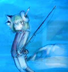  animal_ears blue boots cat_ears extra_ears female fishing_rod green_hair hydrogen_empire jacket oekaki_musume original paintbrush palette short_hair solo zipper 