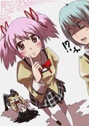  !? 3girls akemi_homura bad_id bad_pixiv_id bow commentary_request female_pervert hair_ribbon highres kaname_madoka mahou_shoujo_madoka_magica mahou_shoujo_madoka_magica_(anime) miki_sayaka mitakihara_school_uniform multiple_girls nonone_(the9thxsheep) pantyhose pervert ribbon school_uniform skirt thighhighs 