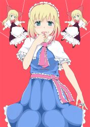  alice_margatroid aqua_eyes bad_id bad_pixiv_id blonde_hair capelet doll dress female hairband hand_to_own_mouth jewelry oumi_(rsag) puppet_rings puppet_strings red_background ring sash shanghai_doll solo tongue touhou 