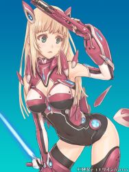  :&lt; blonde_hair bodysuit breasts cleavage commentary_request copyright_name covered_navel female gradient_background green_eyes gun holding junketsu_duelion long_hair mana_(remana) mecha_musume medium_breasts milva_fredman official_art photoshop_(medium) robot_ears solo thighhighs translated watermark weapon 