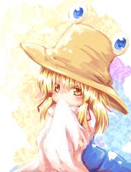  absurdres ayakashi_(monkeypanch) blonde_hair commentary_request faux_traditional_media female hat highres long_hair moriya_suwako photoshop_(medium) pyonta solo touhou yellow_eyes 