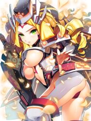  arinna_karin_galaxia ass bad_id bad_pixiv_id blonde_hair boots breasts cherrypin cleavage drill_hair female green_eyes hat junketsu_duelion large_breasts long_hair looking_at_viewer official_art petals photoshop_(medium) solo sword thigh_boots thighhighs underboob weapon white_background 