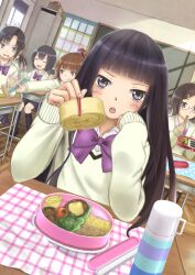  5girls bento black_hair blunt_bangs bow chopsticks classroom commentary_request dutch_angle feeding food head_rest highres holding holding_chopsticks incoming_food indoors long_hair looking_at_viewer multiple_girls omelet open_mouth original purple_bow school_uniform sitting solo_focus sweater taka_(tsmix) tamagoyaki thermos tomato 