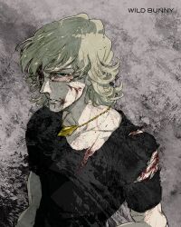  1boy bad_id bad_pixiv_id barnaby_brooks_jr. blonde_hair blood blood_on_face curly_hair cuts glasses green_eyes injury jewelry male_focus necklace photoshop_(medium) shirt solo t-shirt tiger_&amp;_bunny zakk 