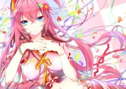  :o aqua_eyes blue_eyes bracelet breasts commentary_request female fingernails fingers_together flower front-tie_top hair_flower hair_ornament hairband jewelry leaf long_hair manyako_(mohumohu) medium_breasts megurine_luka midriff nail_polish navel open_mouth pink_hair ribbon shirt solo tied_shirt upper_body very_long_hair vocaloid 