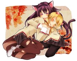  2girls akemi_homura animal_ears bite_mark biting black_hair blonde_hair blush cat_ears cat_tail commentary_request drill_hair hairband hug kemonomimi_mode kneeling long_hair mahou_shoujo_madoka_magica mahou_shoujo_madoka_magica_(anime) marimoto_tanishi mitakihara_school_uniform mouse_ears multiple_girls oerba_yun_fang pantyhose purple_eyes school_uniform tail tears tomoe_mami torn_clothes torn_pantyhose wince yellow_eyes 