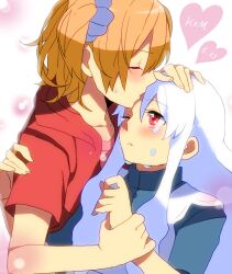  2girls bad_id bad_pixiv_id blonde_hair blush chatubo creator_connection heart kagerou_project kisaragi_attention_(vocaloid) kisaragi_momo kissing kissing_forehead kozakura_marry long_hair multiple_girls red_eyes short_hair side_ponytail souzou_forest_(vocaloid) tears vocaloid white_hair yuri 