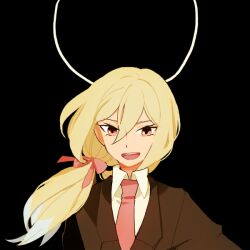  1boy afuro_terumi blonde_hair commentary_request formal inazuma_eleven_(series) inazuma_eleven_go l_hakase long_hair male_focus necktie open_mouth ponytail red_eyes simple_background solo suit 