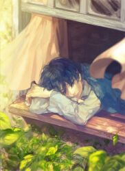  1boy bad_id bad_pixiv_id black_hair closed_eyes crossed_arms curtains from_outside karigurashi_no_arrietty leaf shou_(karigurashi_no_arrietty) sleeping tom@tog window windowsill 