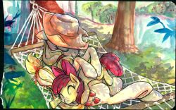  apple_bloom_(mlp) applejack_(mlp) blonde_hair buttercup_saiyan closed_eyes clothing cutie_mark duo earth_pony equid equine female feral food friendship_is_magic fruit hair hammock hasbro hat headgear headwear horse mammal mixed_media my_little_pony outside painting_(artwork) pen_(artwork) plant pony quadruped red_hair relaxing sibling_(lore) sister_(lore) sisters_(lore) size_difference sleeping tail traditional_media_(artwork) tree watercolor_(artwork) wood young young_feral 