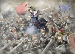  alice_margatroid army blonde_hair blue_eyes book bow bow_(weapon) capelet commentary_request dress female flag glaive_(polearm) hairbow highres lance long_hair open_mouth photoshop_(medium) polearm sash shanghai_doll shield solo touhou uutan_(shibainu_kakumei) weapon 