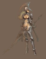  armor bikini_armor blonde_hair breasts cleavage commentary female gauntlets greaves helmet knight lance large_breasts long_hair navel original polearm signature simple_background solo tahra weapon 