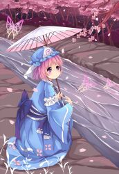  arm_up bad_id bad_pixiv_id blue_dress blush bug butterfly cherry_blossoms dress female floral_print forest hat highres nature oil-paper_umbrella petals pink_hair purple_eyes river saigyouji_yuyuko sakuraba_hikaru_(loveindog) sash short_hair sitting smile solo touhou tree triangular_headpiece umbrella veil 