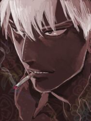  1boy akagi:_yami_ni_oritatta_tensai akagi_shigeru artist_request cigarette flower fukumoto_mahjong glaring limited_palette looking_to_the_side male_focus monochrome shirt short_hair smoking solo spot_color tan teeth white_hair 