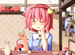  3girls :d ^_^ alcohol blue_hair blush bow brown_hair choko_(cup) chopsticks closed_eyes commentary_request cup dress eyeball facing_viewer food fruit hairband hairbow hakurei_reimu hat head_rest heart hinanawi_tenshi indoors komeiji_satori long_hair multiple_girls ominaeshi_(takenoko) open_mouth peach pink_hair pov_across_table red_eyes restaurant sake short_hair skirt smile soy_sauce soy_sauce_bottle third_eye tokkuri touhou 