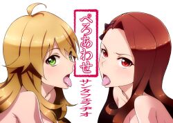  2girls bad_id bad_pixiv_id bare_shoulders blonde_hair brown_hair green_eyes hairband hoshii_miki idolmaster idolmaster_(classic) long_hair minase_iori multiple_girls open_mouth red_eyes sexually_suggestive tkhs tongue tongue_out 