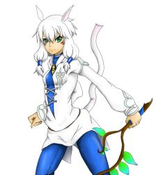  animal_ears breasts cat_ears cat_tail catgirl female final_fantasy final_fantasy_xiv green_eyes jewelry miqo&#039;te necklace pants smile tail white_hair y&#039;shtola 