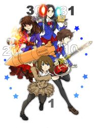  4girls amanogawa_high_school_uniform black_legwear blue_eyes bow brown_eyes brown_hair cannon commentary_request gun hayabusa-kun joujima_yuuki kamen_rider kamen_rider_fourze_(series) kazashiro_miu long_hair misaki_nadeshiko multiple_girls nozama_tomoko pantyhose photoshop_(medium) red_eyes rocket school_uniform short_hair skirt star_(symbol) sword thighhighs tihori-t weapon 