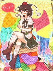  bad_id bad_pixiv_id bird black_hair blush bright_pupils crossed_legs english_text female geta hat highres itomugi-kun lego looking_at_viewer open_mouth patterned polearm red_eyes shameimaru_aya short_hair sitting skirt smile solo spear tokin_hat touhou toy_block unmoving_pattern weapon white_legwear white_pupils 