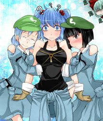  4girls ? @_@ aoshima arm_hug bare_shoulders black_eyes black_hair blue_eyes blue_hair blush bow breast_press breasts closed_eyes commentary_request dark_haired_kappa extra false_smile front_ponytail glasses glasses_kappa gloves green_hair hair_bobbles hair_ornament hairbow highres jealous kagiyama_hina kappa_mob_(touhou) kawashiro_nitori key large_breasts multiple_girls no_headwear short_hair skirt smile sweat tank_top touhou two_side_up when_you_see_it yandere yuri 