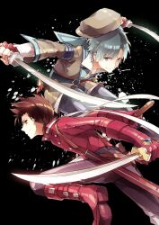  2boys bad_id bad_pixiv_id belt beret black_background boots brown_eyes brown_hair coat dual_wielding fingerless_gloves gloves green_hair grey_eyes hat himishiro holding knee_boots lloyd_irving male_focus multiple_boys pants red_shirt shirt smile spada_belforma sword tales_of_(series) tales_of_innocence tales_of_symphonia weapon weapon_connection 