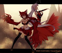  2girls animal_ears barefoot breasts cleavage commentary_request feet konshin letterboxed long_hair medium_breasts midriff multiple_girls music navel opera_the_vermelho pixiv_fantasia pixiv_fantasia_sword_regalia pointy_ears red_hair singing tail tattoo toeless_legwear white_hair wolf_ears wolf_tail 