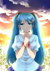  absurdres aqua_eyes aqua_hair bracelet cloud commentary_request female hair_ornament hairclip hands_on_own_chest hatsune_miku highres jewelry kanna_(chaos966) long_hair scrunchie sky smile solo tears twintails very_long_hair vocaloid 