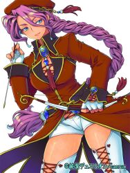  arrow_(projectile) blue_eyes bow_(weapon) braid commentary_request copyright_name cowboy_shot eroe female fingerless_gloves gloves junketsu_duelion long_hair monica_brandes official_art pink_hair short_hair simple_background single_braid solo thighhighs translated weapon white_background 