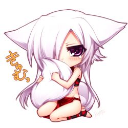  aika_(konshin) animal_ears chibi commentary_request female fox_ears fox_tail hugging_own_tail hugging_tail konshin original purple_eyes short_hair_with_long_locks solo tail tail_on_face white_hair 