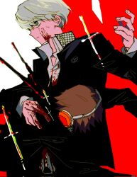  2boys black_jacket blood blood_on_clothes blood_on_face blood_on_hands closed_mouth collared_shirt expressionless goguma_wagamja hanamura_yousuke headphones highres houndstooth jacket male_focus multiple_boys narukami_yuu orange_hair orange_headphones persona persona_4 school_uniform shirt short_hair two-tone_background very_short_hair 
