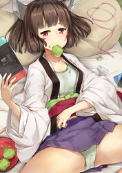  bra breasts brown_hair collarbone commentary eyebrows_hidden_by_hair female food_in_mouth green_bra green_panties handheld_game_console headgear highres holding holding_handheld_game_console jacket japanese_clothes kanzen_bouon kimono looking_at_viewer lying mouth_hold nintendo_switch obi on_back open_clothes open_jacket panties pillow plate pleated_skirt purple_skirt red_eyes sash skirt small_breasts solo spread_legs touhoku_kiritan twintails underwear voiceroid white_kimono zunda_mochi 