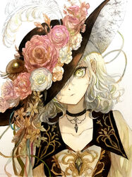  absurdres bad_id bad_pixiv_id black_hat choker collarbone constricted_pupils crystal eyelashes feathers female flower green_eyes hair_over_one_eye hat hat_feather hat_flower hat_over_one_eye highres jewelry keiko_(mitakarawa) komeiji_koishi looking_at_viewer medium_hair one_eye_closed one_eye_covered pendant photo_(medium) pink_flower pink_rose plume purple_flower red_flower ring rose solo third_eye touhou traditional_media upper_body wavy_hair white_background white_flower white_hair white_rose yellow_flower 