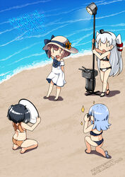  4girls amatsukaze_(kancolle) beach bikini black_bikini black_hair blue_hair blue_sky brown_hair camera chibi cloud collarbone commentary_request cover cowboy_shot dress frilled_bikini frills hair_tubes hat hatsukaze_(kancolle) kantai_collection long_hair looking_at_viewer multiple_girls nassukun ocean open_mouth outdoors reflector_(photography) rensouhou-kun round_teeth sand short_hair short_hair_with_long_locks sidelocks sky smile stage_lights straw_hat sun_hat swimsuit teeth tokitsukaze_(kancolle) two_side_up upper_teeth_only waves white_dress white_hair yellow_bikini yukikaze_(kancolle) 