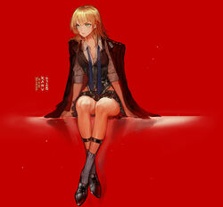  alternate_hairstyle artist_name blonde_hair breasts character_name collared_shirt corset crossed_ankles female girls&#039;_frontline green_eyes jacket jacket_on_shoulders kim_hana legwear_garter medium_breasts medium_hair necktie open_collar red_background shirt shoes sitting skirt sleeves_rolled_up socks solo undone_necktie welrod_mkii_(girls&#039;_frontline) 