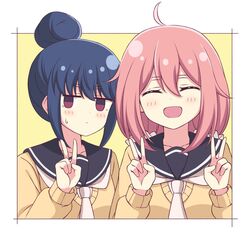  2girls :d ahoge bad_id bad_twitter_id black_sailor_collar blue_hair blush border closed_eyes closed_mouth collarbone commentary double_v empty_eyes facing_viewer grey_necktie hair_between_eyes hair_bun happy highres jitome kagamihara_nadeshiko long_hair long_sleeves looking_at_viewer motosu_school_uniform multiple_girls necktie open_mouth pink_hair purple_eyes sailor_collar school_uniform shima_rin short_hair sidelocks simple_background single_hair_bun smile split_mouth sweater upper_body v white_border yellow_sweater yurucamp zeta_(24904340) 