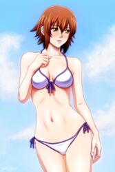  bikini blue_sky breasts brown_eyes brown_hair cleavage closed_mouth collarbone cowboy_shot day female front-tie_bikini_top front-tie_top grand_blue hair_between_eyes halterneck highres kotegawa_chisa medium_breasts navel purple_ribbon ribbon short_hair side-tie_bikini_bottom sky solo standing swimsuit white_bikini yuki0_art 