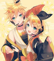  1boy aqua_eyes bad_id bad_twitter_id black_bow black_sleeves blonde_hair bow cherry_blossom_print collar commentary egasumi female fireworks floral_print hair_ornament hairbow hairclip headphones headset imminent_hand_holding japanese_clothes kagamine_len kagamine_rin kimono looking_at_viewer magical_mirai_(vocaloid) magical_mirai_len magical_mirai_len_(2020_summer) magical_mirai_rin magical_mirai_rin_(2020_summer) nail_polish open_mouth orange_bow shinotarou_(nagunaguex) short_hair short_ponytail sleeves_past_wrists smile spiked_hair swept_bangs two-tone_bow upper_body vocaloid wide_sleeves yellow_background yellow_nails yukata 