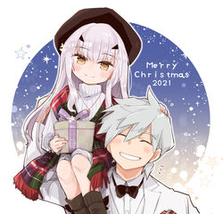  1boy beret bow bowtie brown_eyes carrying christmas christmas_present closed_eyes fate/grand_order fate_(series) female forked_eyebrows formal gift grey_hair grin hat jewelry long_hair melusine_(fate) melusine_(holy_heart)_(fate) merry_christmas pendant percival_(fate) ribbed_sweater scarf shio_kuzumochi sitting_on_shoulder smile suit sweater white_hair 