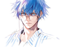  1boy bad_id bad_twitter_id blue_eyes blue_hair closed_mouth danhu eyewear_strap fate/grand_order fate_(series) glasses hair_between_eyes hans_christian_andersen_(adult)_(fate) hans_christian_andersen_(fate) looking_at_viewer male_focus multicolored_shirt shirt short_hair simple_background solo striped_clothes striped_shirt 