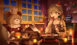  blush brown_eyes brown_hair cake candle christmas christmas_tree eating female food fruit gingerbread_house gingerbread_man medium_hair mizuki_(lvo0x0ovl) night open_mouth original sitting snow snowman solo strawberry window 