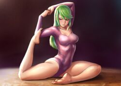  alternate_eye_color alternate_hair_color alternate_hairstyle artist_name athletic_leotard barefoot breasts commentary dark_background feet female finalcake flexible gymnastics hair_down justin_bailey leg_up leotard lips looking_down medium_breasts metroid mole mole_under_mouth own_hands_together pigeon_pose purple_leotard samus_aran solo stretching yoga 