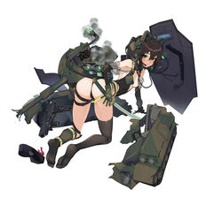  absurdres animal_ears asymmetrical_legwear belt black_belt black_footwear black_gloves black_hair black_leotard black_socks black_thighhighs blush breasts cable cable_tail camouflage cannon cleavage closed_mouth commentary ear_protection elbow_gloves fake_animal_ears female full_body gloves green_eyes gun hair_between_eyes headset highres katana kneehighs leotard looking_at_viewer mechanical_tail medium_hair no_shoes original personification print_gloves sandals simple_background single_kneehigh single_sock single_thighhigh small_breasts smoke socks solo sword tail thigh_belt thigh_strap thighhighs tuziki_sang type_74_(tank)_(personification) uneven_legwear weapon white_background zouri 