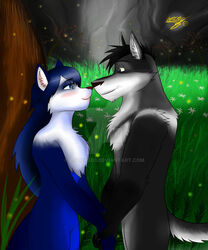  2018 anthro bianca_(sheep_and_wolves) blue_body blue_eyes blue_fur blue_hair blush canid canine canis casual_nudity duo eye_contact female fur grass grey_(sheep_and_wolves) hair hand_holding hi_res intimate ligoexe03 looking_at_another love male male/female mammal nose_to_nose nude outside passionate plant romantic romantic_ambiance romantic_couple russian sheep_and_wolves simple_background smile standing tree tuft wizart_animation wolf 