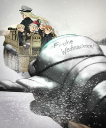  5girls annin_musou bad_id bad_twitter_id bismarck_(kancolle) black_coat blonde_hair blush boots brown_footwear brown_gloves brown_hair christmas closed_mouth coat commentary_request fairy_(kancolle) fur-trimmed_boots fur_trim german_text gloves grey_headwear ground_vehicle hair_between_eyes hat highres kantai_collection kettenkrad long_hair long_sleeves low_twintails merry_christmas military_hat multiple_girls open_mouth peaked_cap red_headwear santa_hat short_hair smile snow snowing thumbs_up translated twintails 