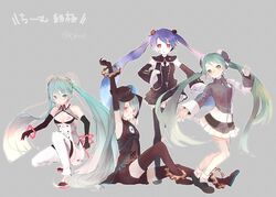  4girls aqua_eyes aqua_hair arm_up black_dress black_gloves black_headwear black_legwear black_necktie black_shirt black_shorts black_sleeves blue_hair bracelet cd chest_tattoo cleavage_cutout clothing_cutout commentary conflict_(module) detached_sleeves dimension_(module) dress elbow_gloves frilled_dress frilled_skirt frilled_sleeves frills full_body gears gloves gradient_hair grey_background hair_ornament hat hatsune_miku hatsune_miku_no_gekishou_(vocaloid) infinity_(module) jacket jewelry kneeling lady-ichiko long_hair long_sleeves miniskirt multicolored_hair multiple_girls multiple_persona necktie nijigen_dream_fever_(vocaloid) outstretched_arm pale_skin project_diva_(series) purple_hair red_eyes sadistic_music_factory_(vocaloid) shirt shorts sitting skirt sleeveless sleeveless_shirt smile standing tattoo thighhighs translated twintails twitter_username two-tone_shirt ura-omote_lovers_(vocaloid) very_long_hair vocaloid white_legwear white_shirt white_shorts zettai_ryouiki 